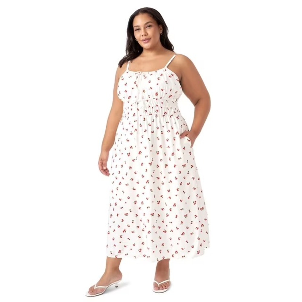 Edited by Hunter McGrady Womens Plus Maxi Dress 1X White Cherry Print Smocked